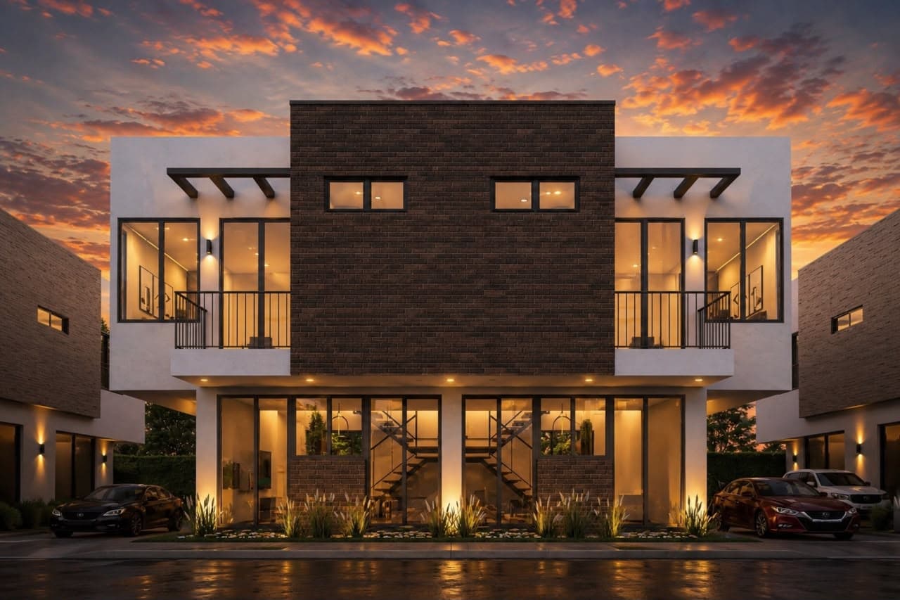 Fachada de Pueblo Viejo Reservado al atardecer